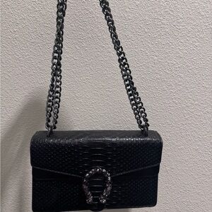Black Textured Chain Shoulder Bag